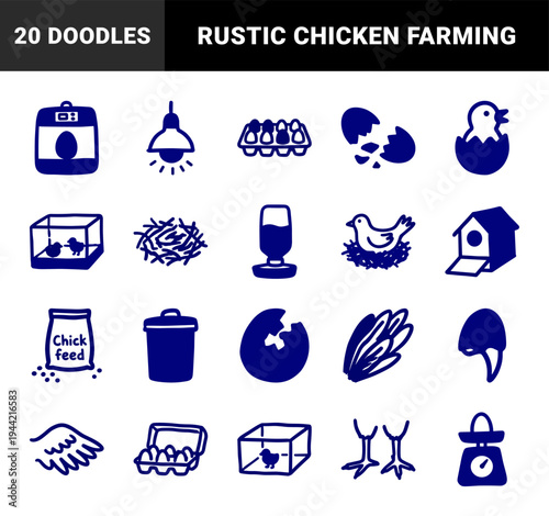 Hand-drawn poultry farming and chicken hatchery elements for rustic brand identity. Naive marker sketch illustrations featuring organic egg production.