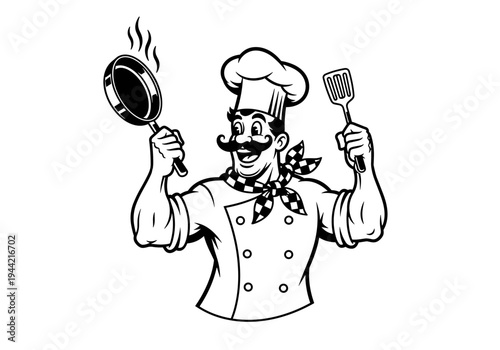 Happy Chef Holding Frying Pan and Spatula.