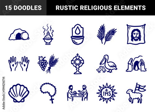 Hand-drawn Christian religious symbols and Easter liturgical elements. Rustic blue marker sketch illustrations featuring Catholic faith and spiritual devotion concepts.