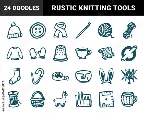 Hand-drawn knitting and crochet essentials for cozy craft branding. Rustic naive marker sketch illustrations featuring wool and sewing concepts.