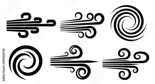 Set of stylized wind icons and symbols.