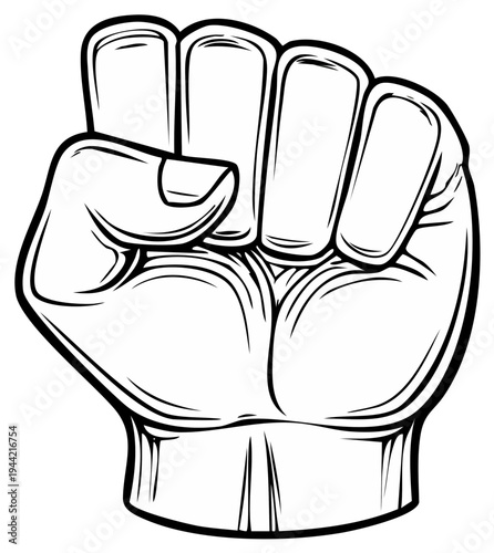 Stylized Black and White Drawing of a Clenched Fist Raised Upward Symbolizing Power and Solidarity