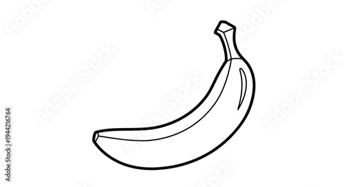 Simple black and white line art illustration of a single ripe banana fruit, perfect for coloring or minimalist design