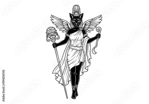 Mythical winged cat goddess with staff and ankh, ancient Egyptian deity Bastet inspired artwork.