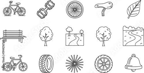 Collection of outdoor-themed line icons including bicycles and nature elements