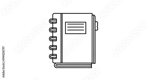 Minimalist spiral notebook icon for planning, journaling, studying, or office work. Simple line art diary vector illustration.