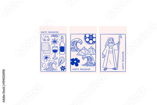 Passover linear icons and symbols, pyramids, plate and waves. abstract design elements for Pesach celebration. Happy Passover in Hebrew