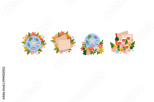 Passover Greeting set. Happy Passover Jewish Holiday Design with Spring Flowers, Seder Plate, Traditional Pesach Celebration. Flat Vector Illustration.