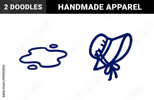 Hand-drawn bonnet and water puddle doodle for rustic child brand identity. Naive marker sketch illustrations featuring simple organic shapes.