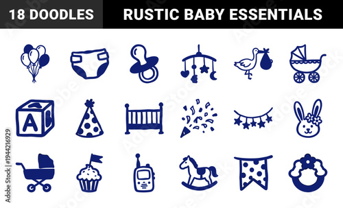 Hand-drawn baby shower and nursery elements for organic brand identity. Rustic, naive marker sketch illustrations featuring newborn care concepts.