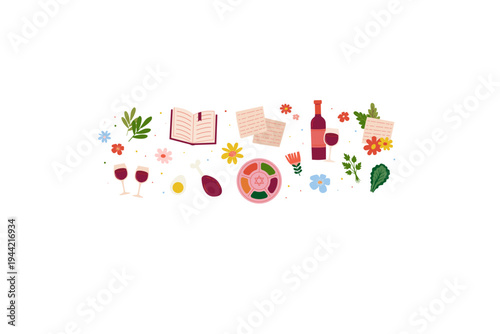 Passover Vector Illustration Set. Moses, Exodus Symbols, Matzah, Wine, Seder Plate Elements and Jewish Holiday Icon Collection
