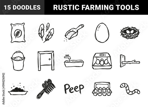 Hand-drawn poultry farming and chicken coop elements for rustic brand identity. Naive marker sketch illustrations featuring egg production and bird care.