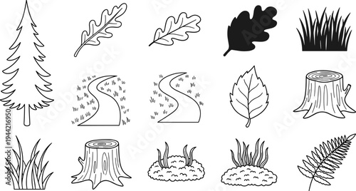 Collection of hand-drawn nature elements including trees, leaves, grass, and paths