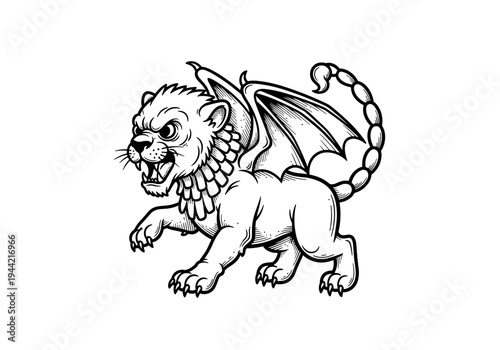 Mythical Creature Lion with Wings and Scorpion Tail.