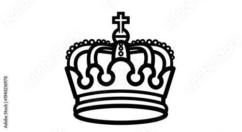 Black and white line art illustration of a royal crown with a cross. Simple graphic symbol of monarchy, power, and sovereignty.