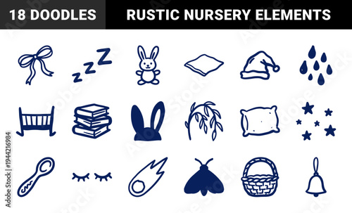 Hand-drawn nursery and bedtime elements for cozy brand identity. Naive marker sketch illustrations featuring baby sleep and nighttime concepts.