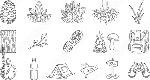 Collection of hand-drawn outdoor adventure and camping icons in a simple line art style