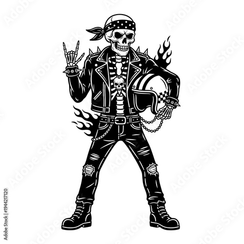 Biker Skeleton Rocker with Helmet and Flames.