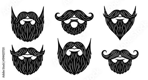 Collection of Six Stylized Black and White Beard Illustrations.