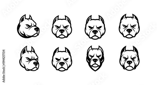 Set of Fierce Pitbull Dog Head Illustrations.