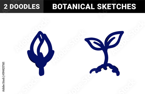 Hand-drawn botanical sprout and flower bud sketches for organic branding. Rustic naive marker illustrations of growth and spring nature concepts.