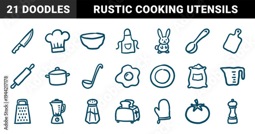 Hand-drawn kitchen tools and cooking equipment for rustic culinary branding. Naive marker sketch illustrations featuring chef hat and utensils.
