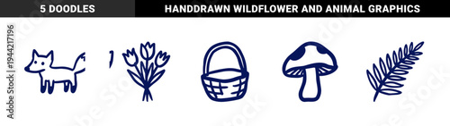 Hand-drawn rustic woodland and nature elements for organic brand identity. Naive marker sketch illustrations featuring fox, mushroom, and floral concepts.