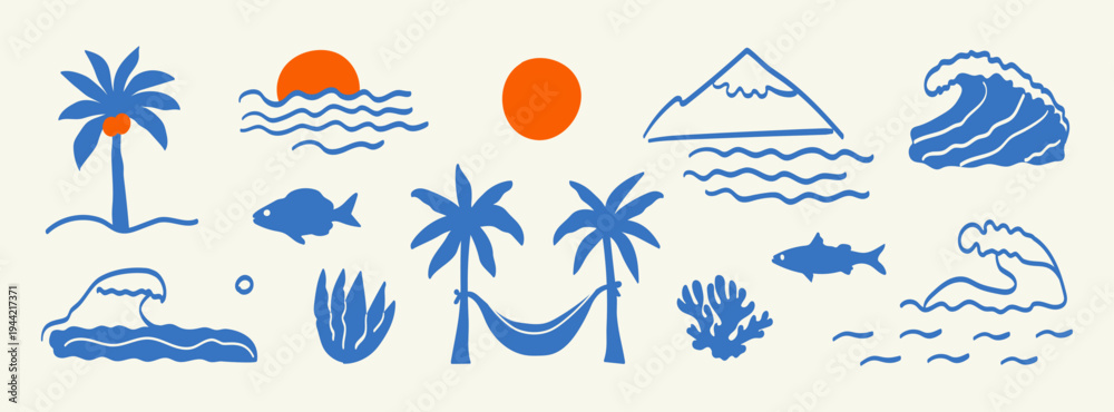 Obraz premium Hand-drawn doodle boho summer set.Naive coastal elements: sun, sea, waves, palm tree, fish, mountain, corals for icon, collage.Retro tropical summer beach label, surf prints, or vignetting. Vector art
