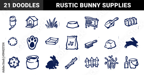 Hand-drawn rabbit care and bunny lifestyle elements for pet brand identity. Naive marker sketch illustrations featuring hutch and grooming tools.