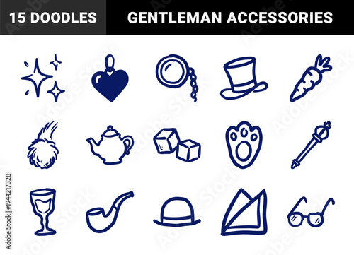 Hand-drawn Victorian gentleman and tea time elements for rustic branding. Naive marker sketch illustrations featuring top hat, monocle, and teapot.