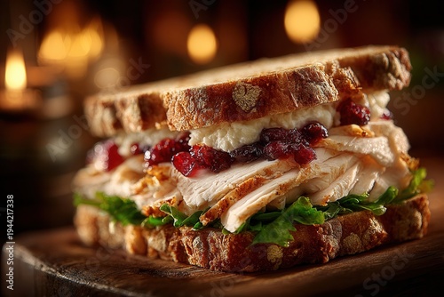 Close-up view of turkey sandwich with cranberry sauce on sourdough bread with glossy details