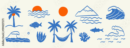 Hand-drawn doodle boho summer set. Naive coastal elements: sun, sea, waves, palm tree, fish, mountain corals for icon, ollage.Retro tropical summer beach label, surf prints, or vignetting. Vector art