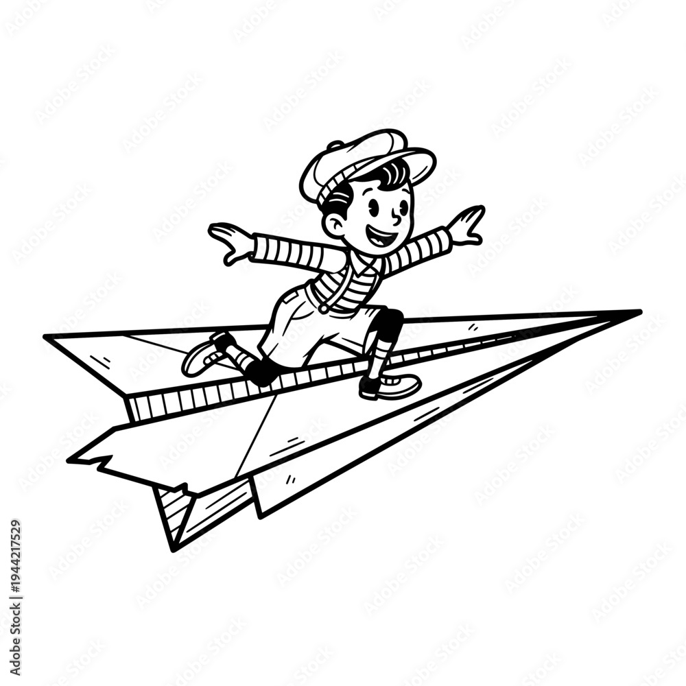 Fototapeta premium Boy Riding a Paper Airplane with Joyful Expression.