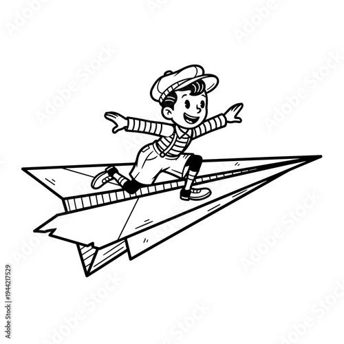 Boy Riding a Paper Airplane with Joyful Expression.