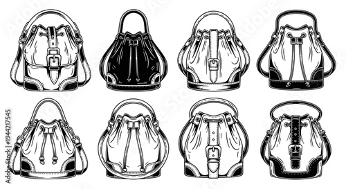 Collection of Elegant Handbag Illustrations in Black and White.