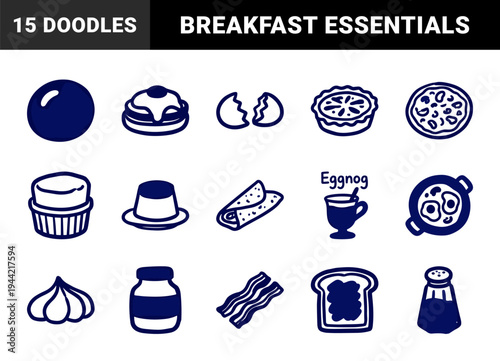 Hand-drawn breakfast and brunch food elements for cafe branding. Rustic naive marker sketch illustrations featuring eggs, pastry, and morning beverages.