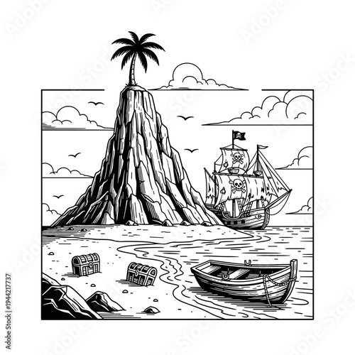 Pirate Ship Anchored Near Treasure Island with Rowboat.