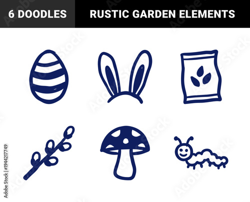 Hand-drawn spring and easter elements in a naive marker sketch style. Rustic navy blue doodle illustrations featuring bunny ears and garden nature.