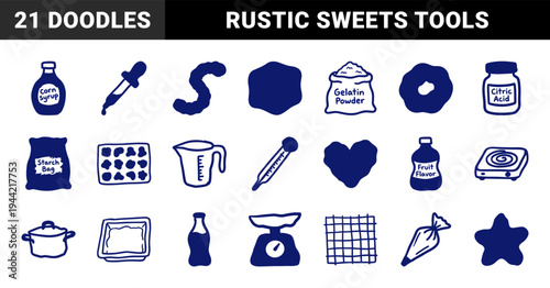 Hand-drawn gummy candy making ingredients and equipment for DIY confectionery branding. Rustic, naive marker sketch illustrations of sweets production.