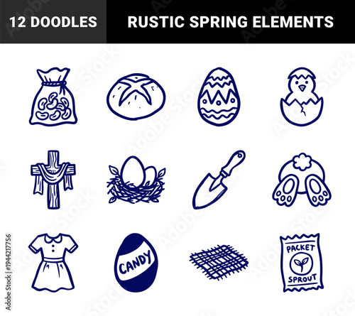 Hand-drawn Easter and spring celebration elements for rustic branding. Naive marker sketch illustrations featuring seasonal holiday concepts.