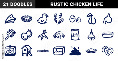Hand-drawn poultry farming and chicken life cycle elements for organic branding. Rustic naive marker sketch illustrations of aviculture concepts.