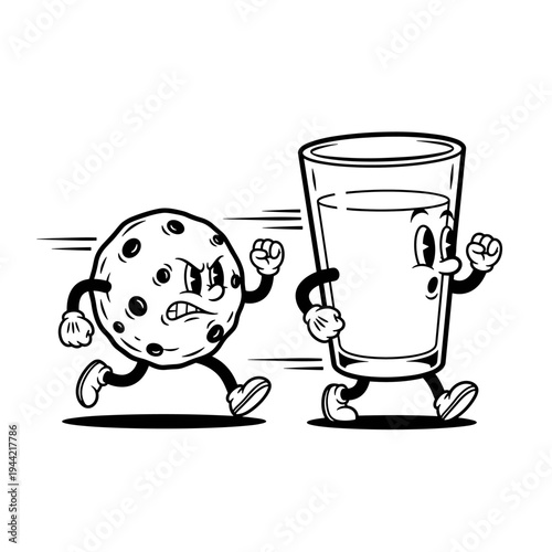 Funny Cartoon Cookie Chasing Glass of Milk Retro Style.