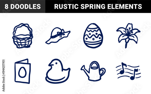 Hand-drawn Easter and spring celebration elements in a rustic marker doodle style. Naive blue ink sketches for seasonal branding and greeting cards.