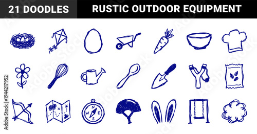 Hand-drawn gardening and outdoor adventure doodles in a rustic marker sketch style. Naive blue ink illustrations for organic lifestyle branding.