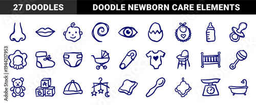 Hand-drawn baby care and newborn essentials in a naive doodle style. Rustic indigo marker sketch illustrations for nursery branding and parenting blogs.