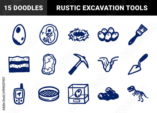 Hand-drawn paleontology and archaeology field equipment for organic branding. Crude marker sketch illustrations of dinosaur fossils and digging tools.