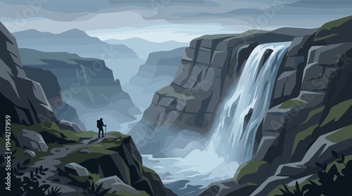 An illustration depicts a lone hiker observing a dramatic waterfall cascading through a rugged mountain landscape, evoking a sense of adventure and natural beauty.