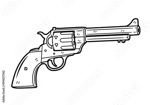 Vintage Revolver Handgun Illustration Black and White.