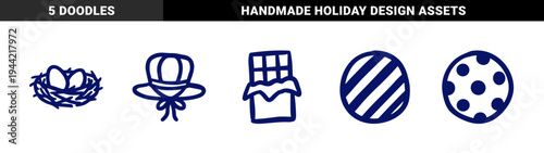 Hand-drawn Easter holiday and spring season elements for festive branding. Rustic, naive marker sketch illustrations featuring nest, eggs, sun hat, and chocolate.