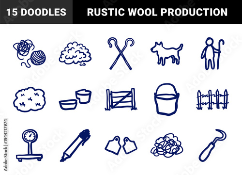 Hand-drawn sheep farming and wool production elements for rustic brand identity. Naive marker sketch illustrations featuring livestock care and textile craft.